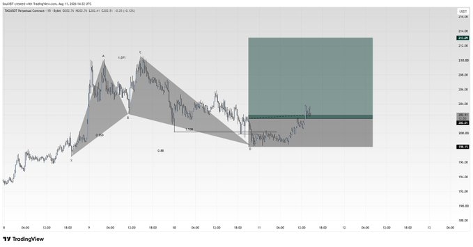 The image shows a TradingView chart of TNA ETF (Direxion Daily Small Cap Bull 3X) on a 15-minute timeframe, displaying a bearish Gartley harmonic pattern with points X, A, B, C, and D marked, alongside a shaded resistance zone around $205-$218, suggesting a shorting opportunity. This relates to the post's sentiment of exiting the market, as the harmonic pattern's completion at point D within the resistance zone signals a potential reversal downward, prompting the trader to close their position.