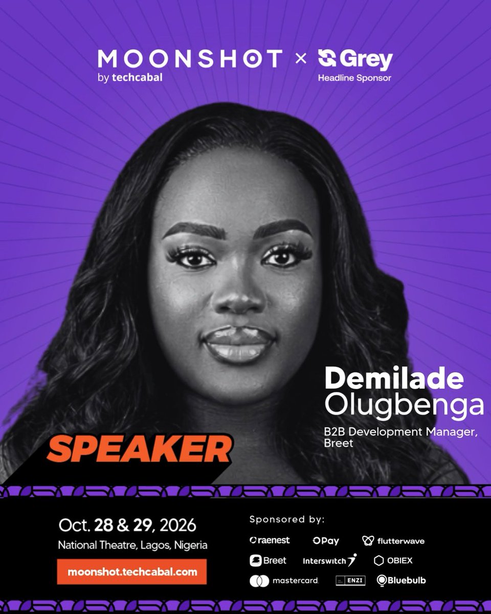 A Moonshot by Techcabal event poster with a purple background featuring speaker Demilade Olugbenga, B2B Development Manager at Breet, for an event on Oct. 28 & 29, 2026 at the National Theatre, Lagos, Nigeria.