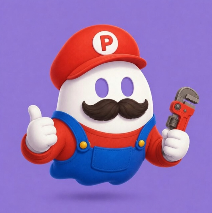 A 3D rendered character resembling a ghost-like plumber with a mustache, wearing a red cap with a 'P' and blue overalls, holding a pipe wrench against a purple background.