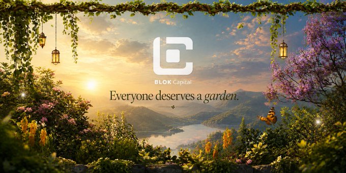 A scenic, sunset-lit landscape framing a lake and mountains is overlaid with the 'BLOK Capital' logo and the tagline 'Everyone deserves a garden.'