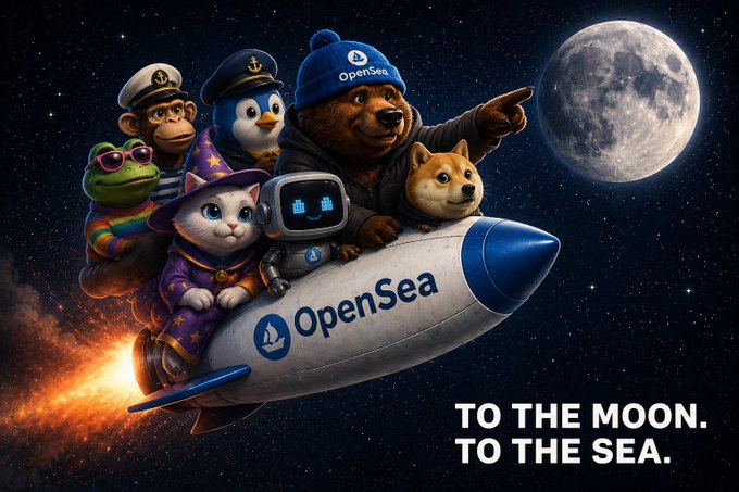 A whimsical team of mascots—including a bear wearing an "OpenSea" beanie, a captain penguin, a wizard cat, a robot, and Shiba Inu—ride a rocket emblazoned with the OpenSea logo past a glowing moon, accompanied by the text **"TO THE MOON. TO THE SEA."** The image playfully visualizes the post's message about OpenSea's return, using the "to the moon" crypto rallying cry alongside the platform's branding to suggest an upward trajectory for the NFT marketplace.