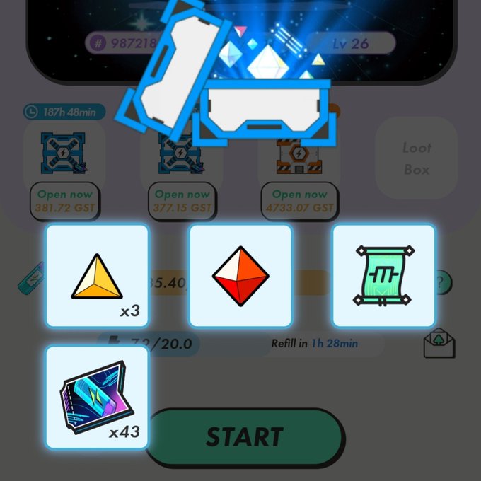 A mobile game screenshot shows a user interface with chests, a loot box, and resources including yellow gems (x3), red gems, a scroll, and cards (x43), with a green START button at the bottom.