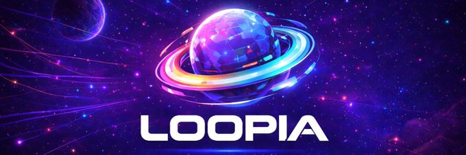 A vibrant cosmic banner features a glowing disco-ball-like planet surrounded by neon rings, with the word “LOOPIA” prominently displayed. It appears to promote the Loopia World platform mentioned in the post, inviting viewers to visit play.loopia.world.