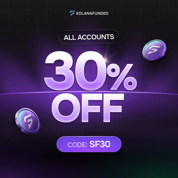 A SolanaFunded promotional graphic displays "ALL ACCOUNTS 30% OFF" with a discount code "SF30" at the bottom, featuring the company's purple logo coins against a dark gradient background, directly corresponding to the post's offer for 30% off all accounts using code SF30.