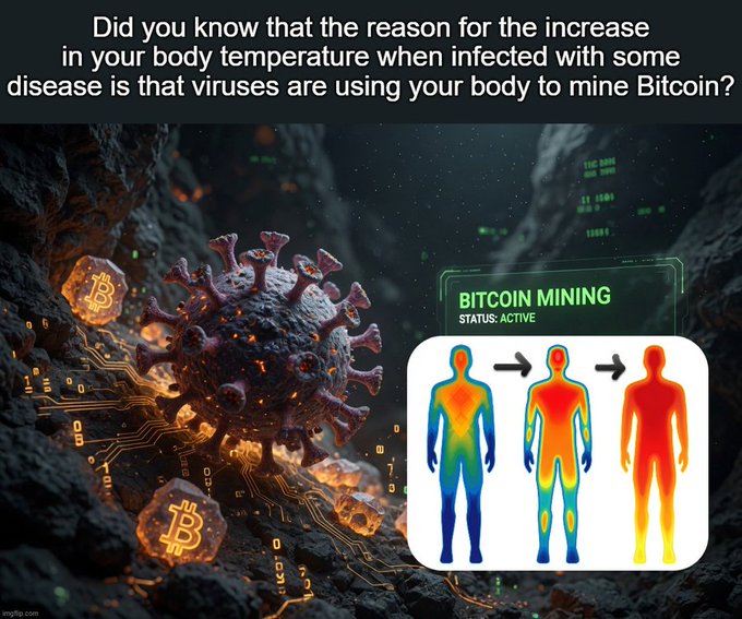 A humorous meme with text reading, 'Did you know that the reason for the increase in your body temperature when infected with some disease is that viruses are using your body to mine Bitcoin?'. The image depicts a coronavirus amidst Bitcoin symbols and circuitry, alongside a 'BITCOIN MINING STATUS: ACTIVE' box showing thermal heat maps of human bodies.