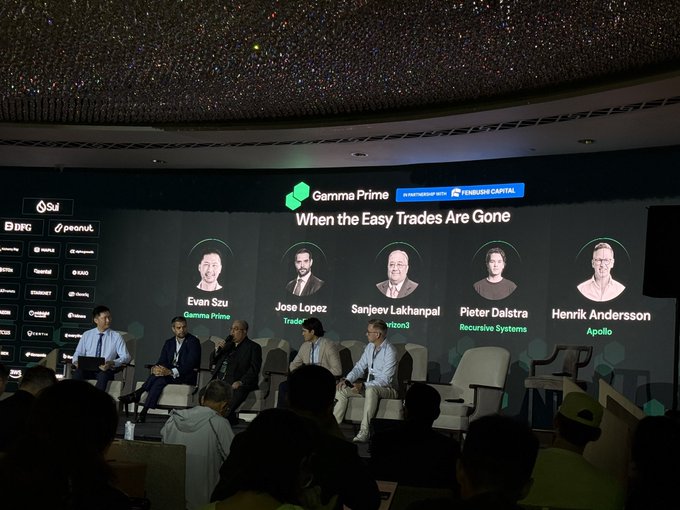 A panel discussion titled 'When the Easy Trades Are Gone' at a 'Gamma Prime' event features speakers including Evan Szu (Gamma Prime), Jose Lopez (Trad...), Sanjeev Lakhanpal (Vitaona), Pieter Dalstra (Recursive Systems), and Henrik Andersson (Apollo).