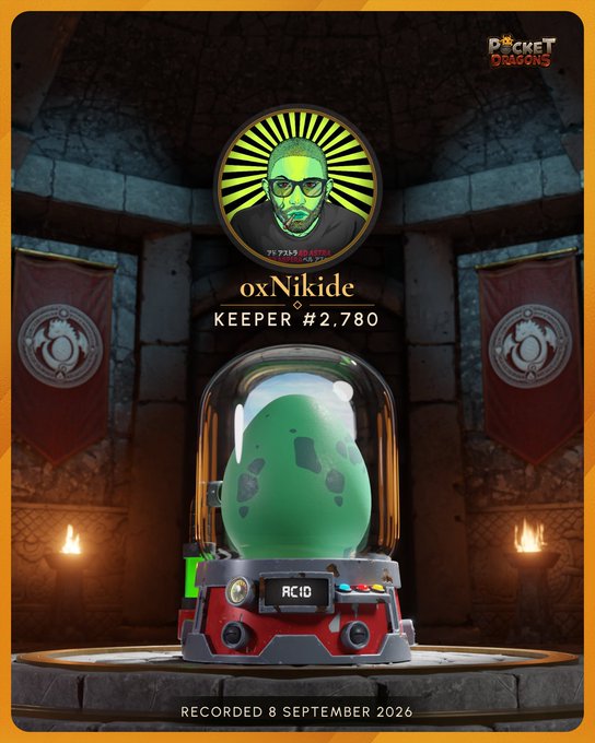 A 'Pocket Dragons' keeper profile card for 'oxNikide - KEEPER #2,780' featuring an avatar of a person with glasses against a green sunburst, a green speckled egg labeled 'ACID' in a containment device, and a timestamp of 'RECORDED 8 SEPTEMBER 2026.'