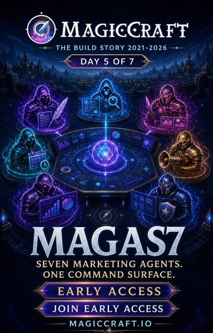 A fantasy-themed promotional poster for 'MAGICCRAFT - THE BUILD STORY 2021-2026' featuring hooded magical figures around a glowing orb, advertising 'MAGAS7 - SEVEN MARKETING AGENTS. ONE COMMAND SURFACE.' with early access at magiccraft.io, marked Day 5 of 7.