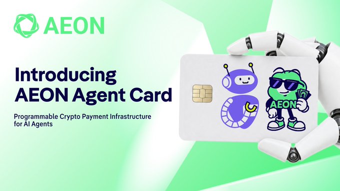 The image features a robot holding up an AEON Agent Card that says "Introducing AEON Agent Card" at the top of the photo, along with some text below it. The card has a cartoon character on it, which adds a fun and engaging element to the presentation. The main focus is on the AEON Agent Card itself, highlighting its unique features for AI agents who can now issue single-use virtual cards using a simple CLI command. This innovation allows for financial autonomy in the world of AI by providing a secure and efficient payment solution.