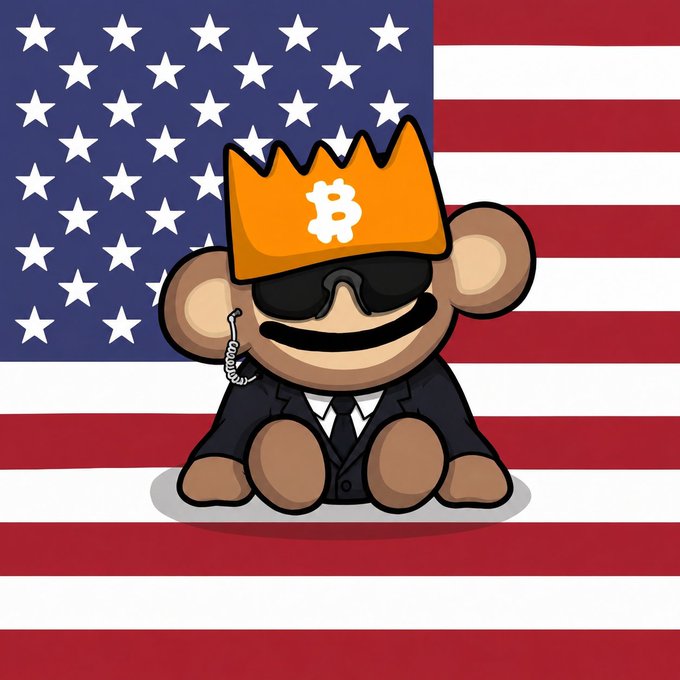 A cartoon monkey dressed as a Secret Service agent in a black suit, sunglasses, and earpiece wears an orange Bitcoin crown while sitting in front of an American flag. The Bitcoin crown directly references the post's tagging of @WOLF_Bitcoin_, playing on the "watching you" theme by inverting it—the crowned Bitcoin figure is the one doing the observing.