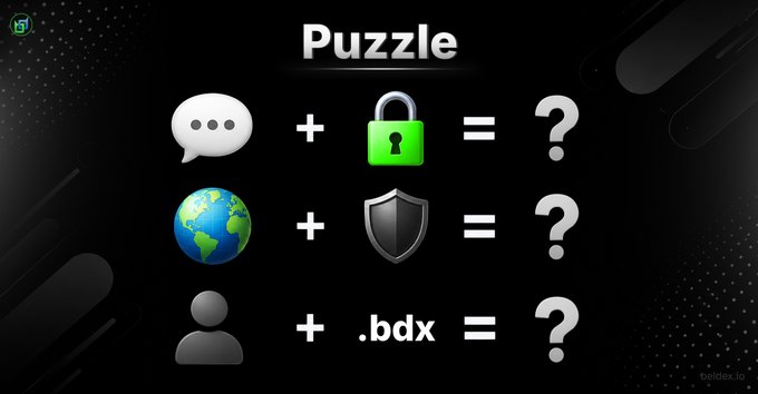 A dark puzzle graphic titled 'Puzzle' showing three equations combining icons: a speech bubble with a padlock, a globe with a shield, and a person with '.bdx'.