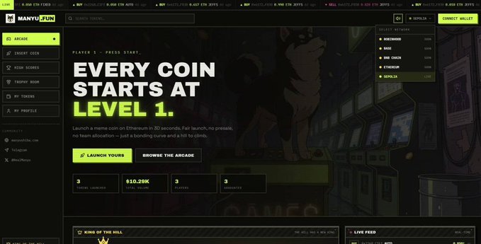 A screenshot of the Manyu.fun website displays the tagline "EVERY COIN STARTS AT LEVEL 1" alongside an arcade-themed interface, highlighting platform stats like a $10.28K total volume, 3 players, and 3 graduations on the Ethereum network. The image visually complements the post's announcement of the $MANYU 2.0 flywheel, showcasing the "Arcade" feature for launching meme coins with zero presale and a 2% bonding curve across ETH, Base, BNB, and Robinhood Chain.