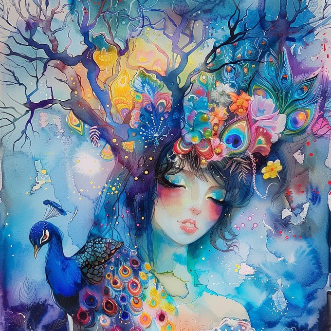 A vibrant watercolor illustration of a woman with closed eyes wearing a colorful floral headdress, alongside a peacock, set against a blue abstract background.