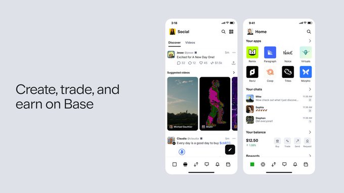 A promotional graphic showing mobile app interfaces with the text 'Create, trade, and earn on Base' alongside Social and Home app screens displaying various crypto-related features.