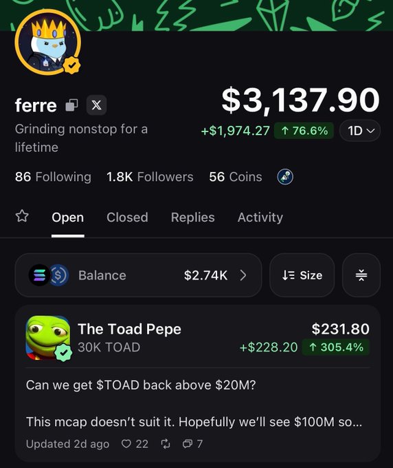 A user profile on the crypto trading platform "ferre" displays a total portfolio value of $3,137.90, showing a 76.6% gain, and is running a $250 $TOAD giveaway to celebrate verification on Pumpfun, with their wallet holding 30K TOAD tokens ($231.80) representing one of their top positions.
