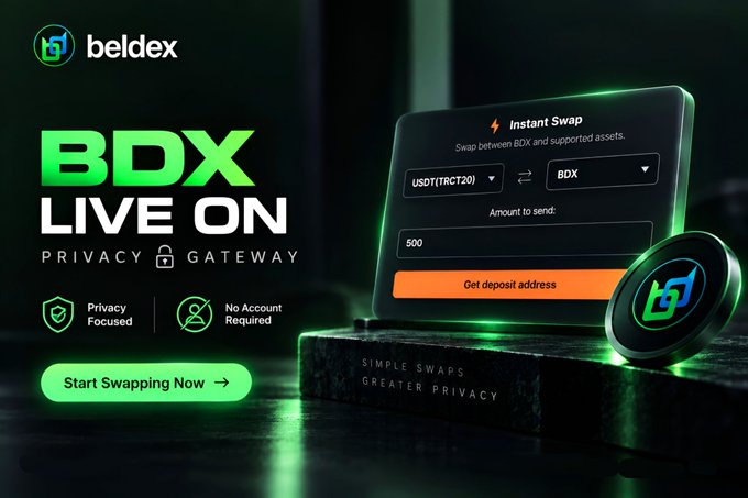 A promotional banner for 'beldex' announcing 'BDX LIVE ON' on the privacy gateway, featuring an 'Instant Swap' interface between USDT(TRC20) and BDX with 'Start Swapping Now' button.