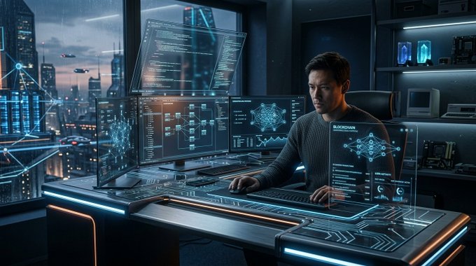 A futuristic tech scene with a man at a sleek workstation surrounded by multiple holographic screens displaying code, blockchain data, and AI interfaces, set against a nighttime cityscape.