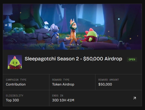 A promotional screen for "Sleepagotchi Season 2 - $50,000 Airdrop" featuring a forest scene with animal characters, indicating a Token Airdrop reward for the Top 300 contributors ending in 30D 10H 41M.
