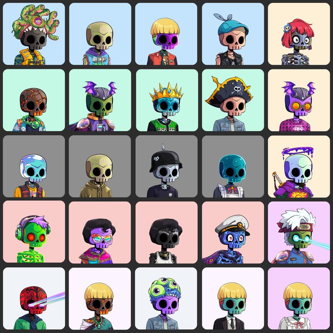 A grid of 25 cartoon-style skull character illustrations in various colors, outfits, and accessories displayed against pastel backgrounds.