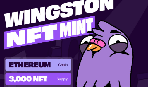 An NFT mint announcement for "WINGSTON NFT MINT" on the Ethereum chain with a supply of 3,000 NFTs, featuring a purple cartoon bird character.