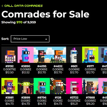 The image shows the "Call Data Comrades" NFT marketplace page titled "Comrades for Sale," displaying 970 of 9,959 pixel-art Comrade characters listed for sale with prices like 0.0069Ξ ($12.50) for various IDs (#882, #8989, #4265, #601, #977). It serves as a visual reference for the promotion offering buyers a free Pizza Comrade on BTC when purchasing three Call Data Comrades on ETH.
