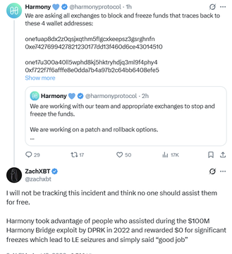 A screenshot of Twitter posts from @harmonyprotocol and @zachxbt discussing a hack, asking exchanges to block and freeze funds, and mentioning a DPRK exploit.