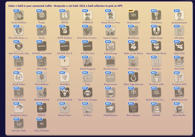 A grid of 58 NFT collection thumbnails (such as Script Kiddies, RUVUI, MORTALS, Hoodlums, BTFD Rabbits, The Little Guys, and more) is shown, with a color key at the top indicating that colored squares represent collections already held in the user's connected wallet and grayscale squares represent those not held. The image visually illustrates how many UnVault partner NFT collections a user already owns, which determines eligibility for the Genesis Bugz Phase 1 mint.
