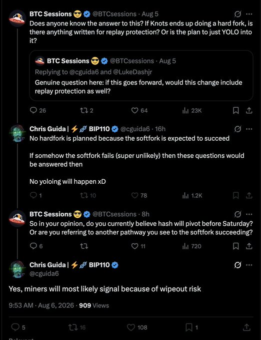 A Twitter/X thread discussing Bitcoin hard forks and replay protection, featuring replies between 'BTC Sessions' (@BTCsessions) and 'Chris Guida | BIP110' (@cguida6).