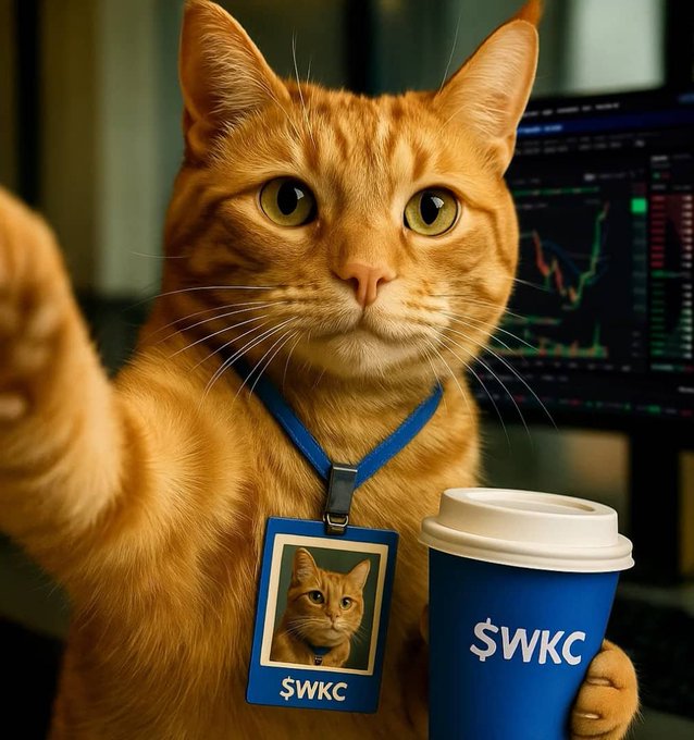 An orange tabby cat wearing a blue lanyard with an ID badge featuring its own photo and the ticker '$WKC', holding a blue coffee cup also branded with '$WKC', with a trading chart visible on a monitor in the background.