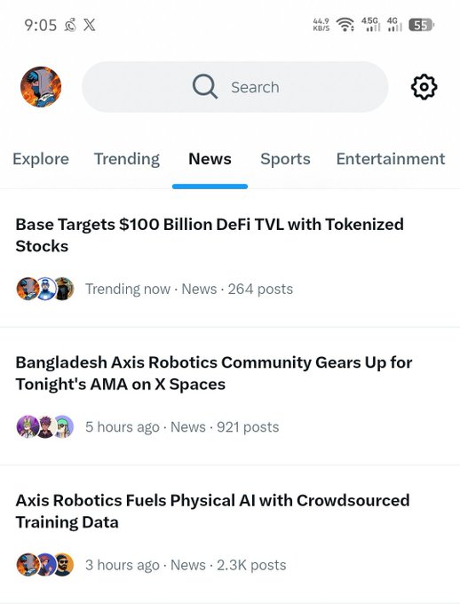 A screenshot of the X app on the News tab shows headlines including 'Base Targets $100 Billion DeFi TVL with Tokenized Stocks' and two articles about 'Axis Robotics'.
