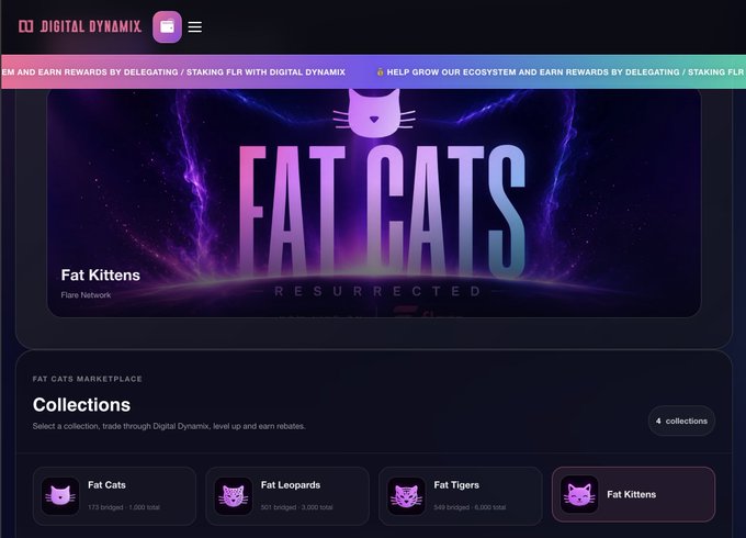 Screenshot of the Digital Dynamix website featuring the 'Fat Cats Resurrected' Flare Network NFT collection, with additional collections like Fat Cats, Fat Leopards, and Fat Tigers listed in the marketplace.
