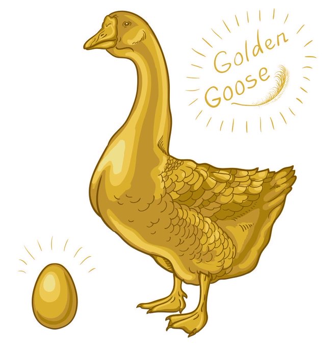 The image shows a golden goose standing next to a golden egg, with the stylized text "Golden Goose" in a hand-drawn sunburst design. The illustration visually represents the post's pitch for $GG, symbolizing the meme concept of a "golden goose laying golden eggs" and tying into the token's promise of dropping tokenized gold on the Robinhood Chain.