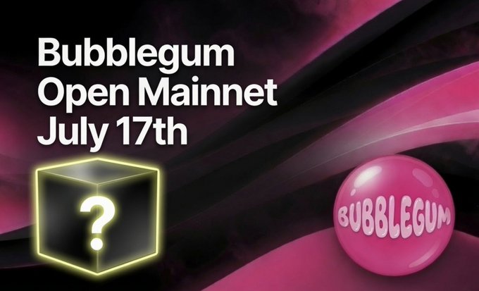 Promotional graphic announcing 'Bubblegum Open Mainnet July 17th' with a mystery box and pink bubblegum ball on a dark pink abstract background.