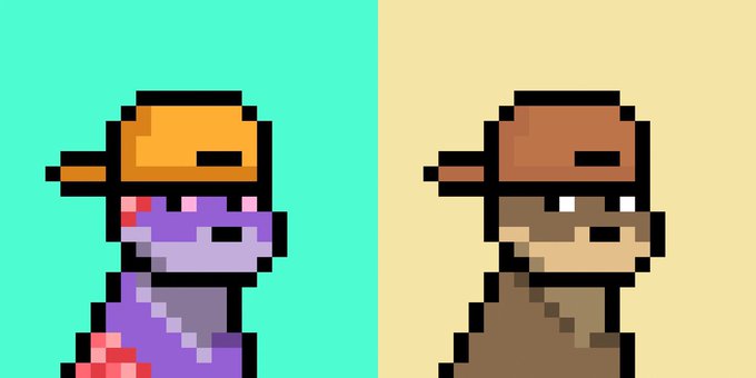 Two pixel art characters side by side — a purple one with an orange hat on a teal background, and a brown one with a brown hat on a beige background.