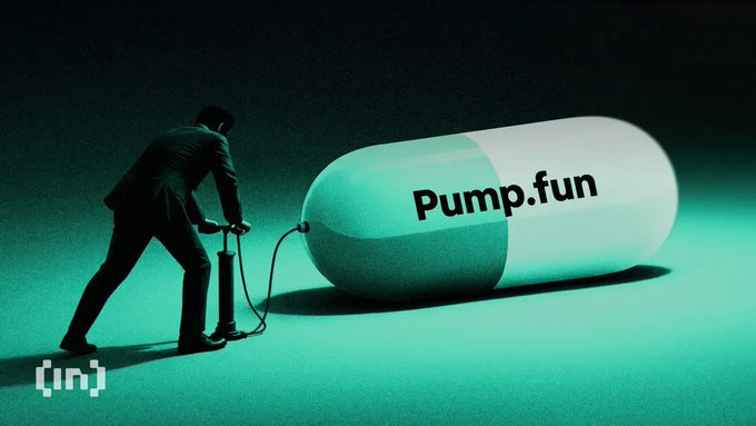 A person in a suit pumps air into a giant pill labeled "Pump.fun," symbolizing the company's recent mass layoffs prior to token vesting. The image visually represents the company "pumping up" its token while its employees are let go.