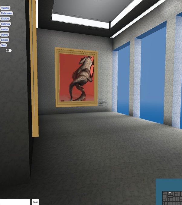 A 3D rendered interior scene showing a hallway with a framed painting of a rearing horse against a red background, with an interface menu on the left.