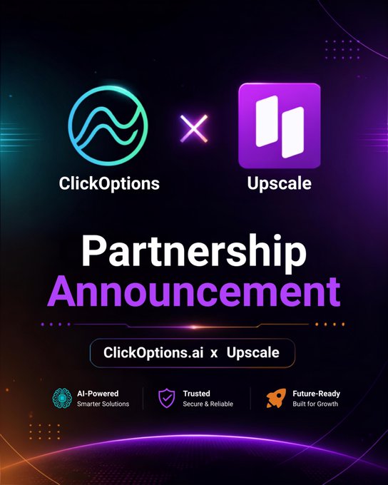 A partnership announcement graphic for ClickOptions.ai x Upscale, highlighting AI-Powered Smarter Solutions, Trusted Secure & Reliable, and Future-Ready Built for Growth on a dark purple tech-themed background.