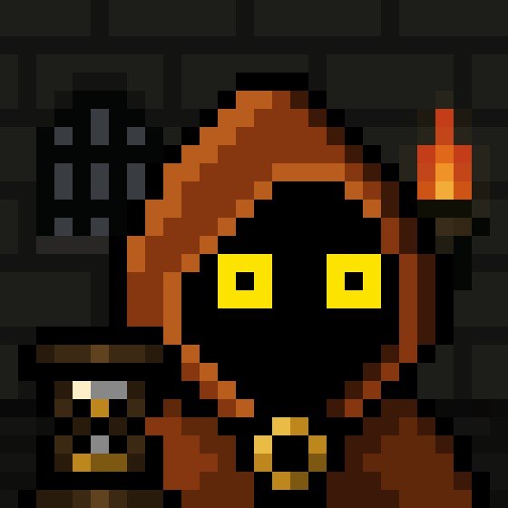 A pixel-art illustration of a hooded Jawa figure with glowing yellow eyes, set against a dark brick background alongside a flickering torch and a small droid companion. The image visually represents the "Jawa" mentioned in the post, likely referring to a character or NFT collected from the referenced creators.