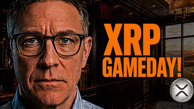 A serious-looking older man with glasses is featured on the left against a backdrop of a wood-paneled room with a window. Bold orange text on the right reads "XRP GAMEDAY!" above the white XRP cryptocurrency logo, visually emphasizing the video's announcement about XRP's debut in Florida and Ripple CEO Brad Garlinghouse's hints about tokenized gold.