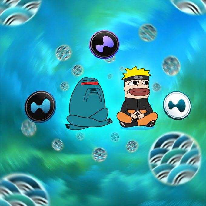 A digital illustration of a cartoon character resembling Naruto meditating alongside a blue frog in a meditative pose, surrounded by floating digital orbs with wave-like patterns.