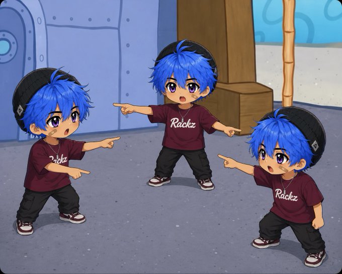 An anime-style illustration showing three identical characters with blue hair, beanies, and maroon 'Rackz' t-shirts pointing at each other in a triangle formation.