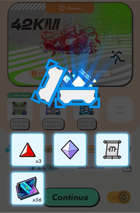 A mobile game screen showing a Trainer rewards panel with 42KM progress, Level 30, and selectable reward cards including gems and items.
