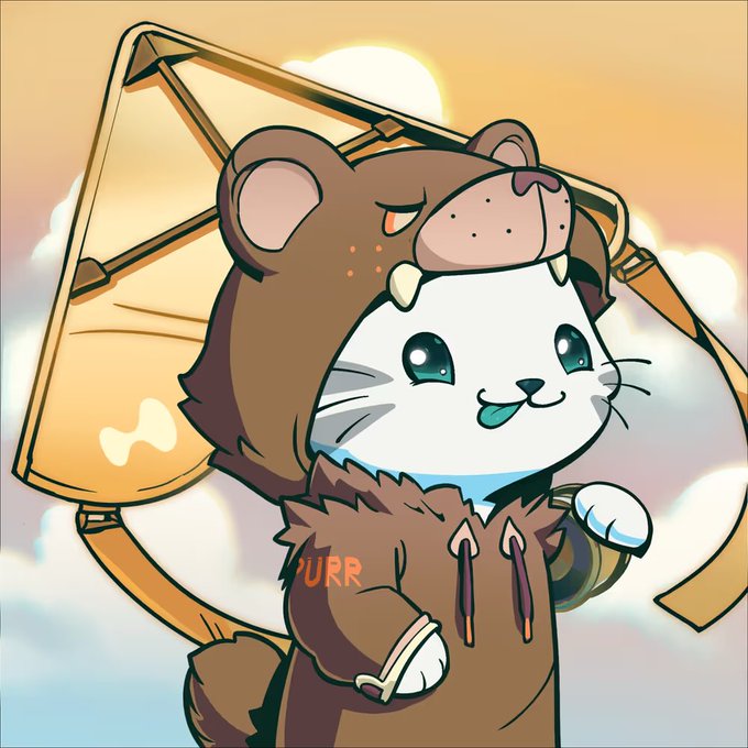 A cute cartoon illustration of a white cat wearing a brown bear hoodie with the text 'PURR' on it, carrying a yellow bag against a sunset sky with clouds.