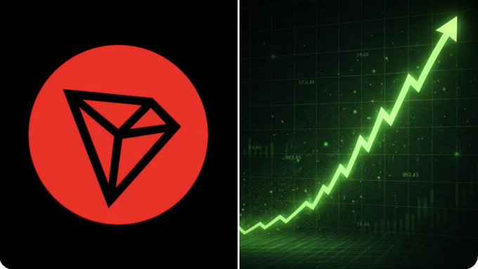 A split image showing a red circular TRON (TRX) cryptocurrency logo on the left and a glowing green upward-trending stock chart on a dark background on the right.