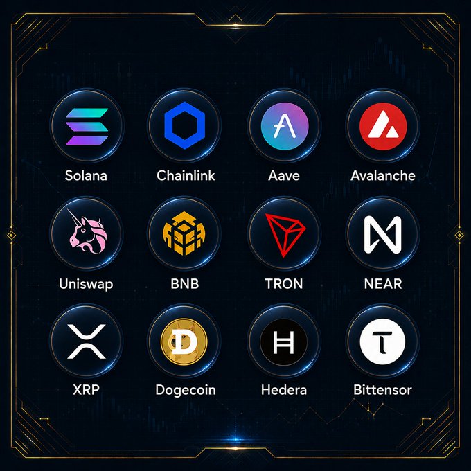 The image shows a sleek, futuristic display featuring circular icons representing twelve altcoins—Solana (SOL), Chainlink (LINK), Aave (AAVE), Avalanche (AVAX), Uniswap (UNI), BNB, TRON (TRX), NEAR, XRP, Dogecoin (DOGE), Hedera (HBAR), and Bittensor (TAO)—arranged in a 3x4 grid on a dark background. Note that "Bittensor" appears labeled in the image rather than its ticker "TAO," and the post mentions $TAO, suggesting this is the intended coin despite the mismatch. The image directly visualizes the user's list of altcoin picks, serving as a curated portfolio showcase to invite feedback on their selections.