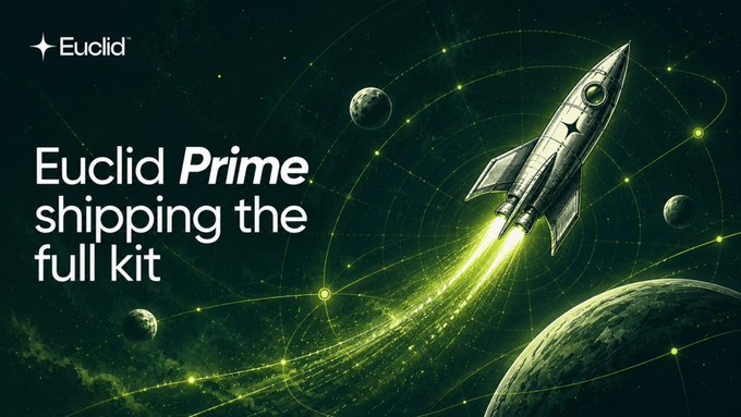 The image features a futuristic rocket ship with a green tail flying through space, surrounded by planets and stars. The backdrop for this scene is a green and gray gradient sky. In front of the rocket ship, there's text that says "Eucidad Prime". This description appears to be related to the shipping product featured on the image. Another piece of information in the image reads "shipping the full kit", which might suggest that the image represents an advertisement for an email marketing campaign or a promotional banner.