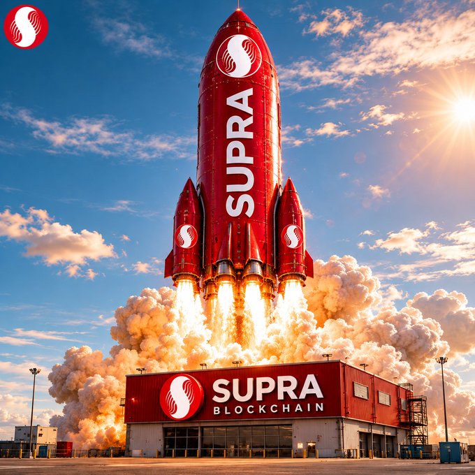 The image features a large red rocket ship with the word "SUPRA" written on its side, launching into the sky above a building. The rocket is positioned over a parking lot filled with cars, indicating that this might be an event or gathering related to space exploration or technology. The caption of the post reads: "If you understand the strategy behind @SUPRA_Labs, you know $SUPRA is programmed to absolutely explode once it's stacked upon itself". This implies that the rocket ship represents a new and innovative approach to space travel or technology development by the company behind it.