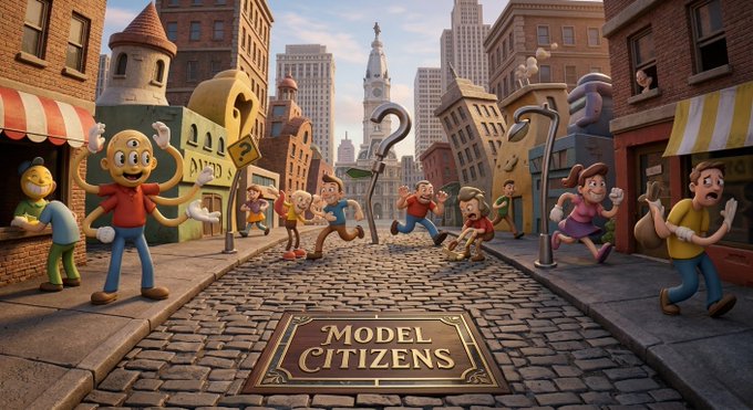 A 3D cartoon-style street scene titled 'MODEL CITIZENS' showing various characters, including one carrying a giant question mark, running and posing on a cobblestone street.