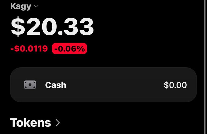 A mobile wallet interface showing 'Kagy' account with a balance of $20.33, displaying a decrease of $0.0119 (-0.06%) and a Cash balance of $0.00.