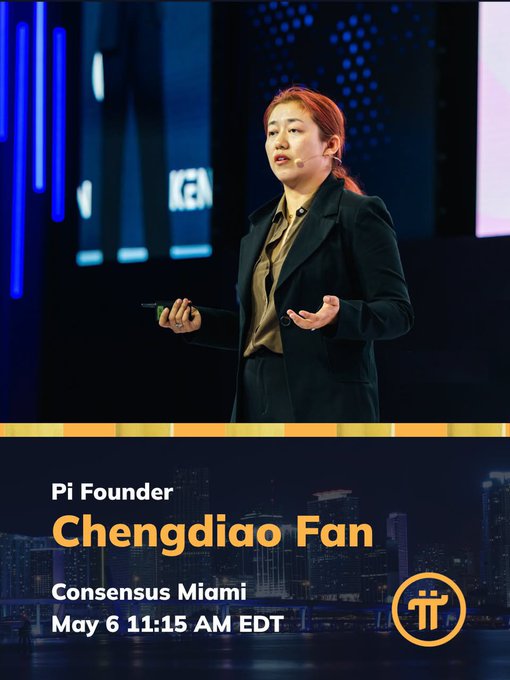 A promotional graphic featuring Pi Founder Chengdiao Fan speaking at Consensus Miami on May 6 at 11:15 AM EDT, with the Pi Network logo and a city skyline backdrop.